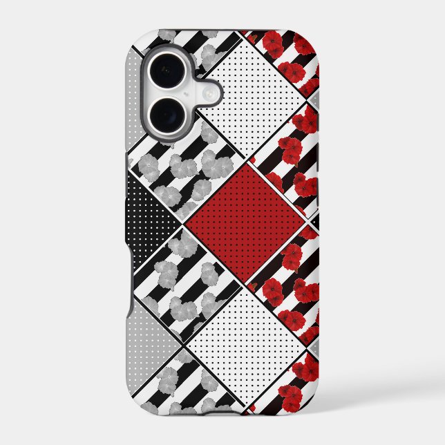 Black white with red retro patchwork iphone case (Back)