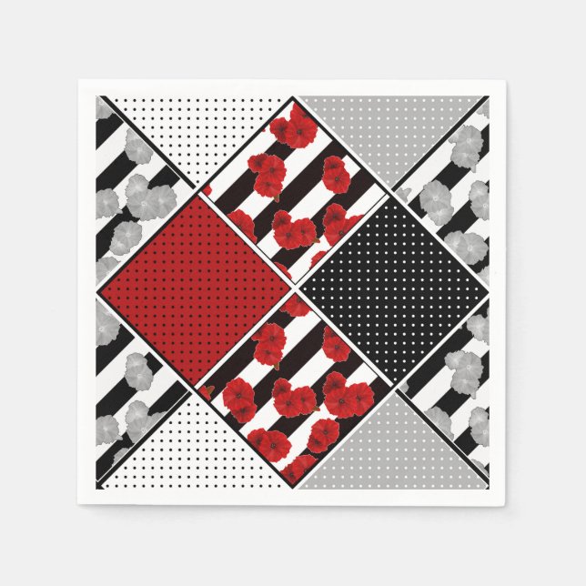 Black white with red retro patchwork napkins (Front)