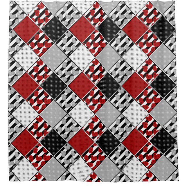 Black white with red retro patchwork shower curtain (Front)
