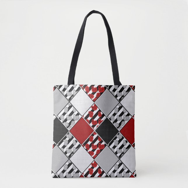 Black white with red retro patchwork tote bag (Front)