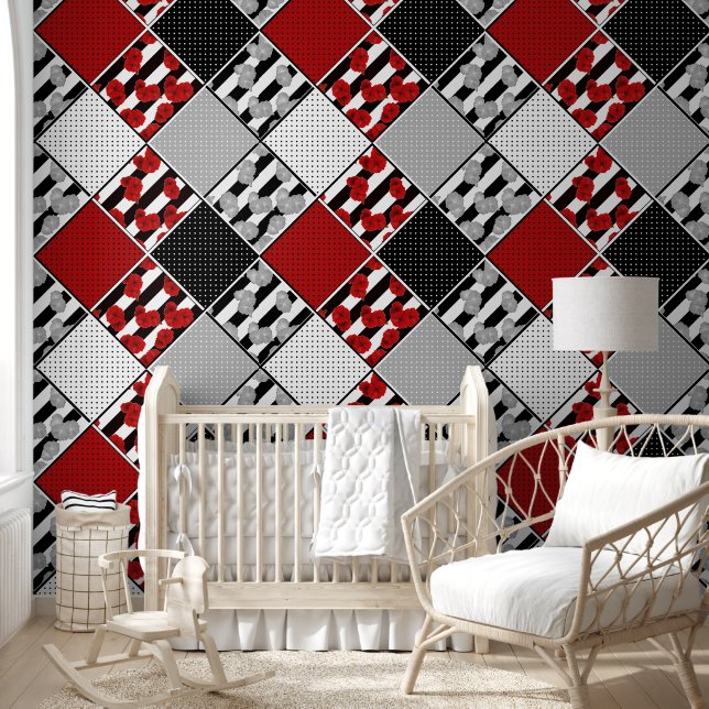 Black white with red retro patchwork wallpaper  (Kids)
