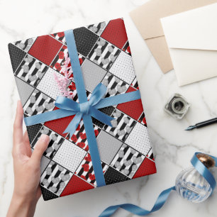 Black white with red retro patchwork wrapping paper