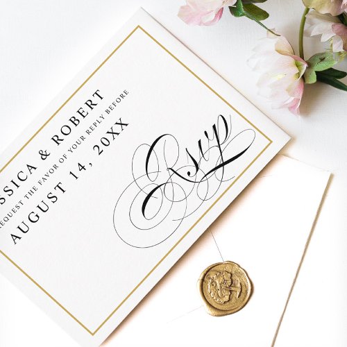 Black  White with Solid Gold Wedding RSVP Card