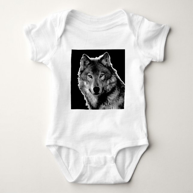Black & White Wolf Artwork Baby Bodysuit (Front)