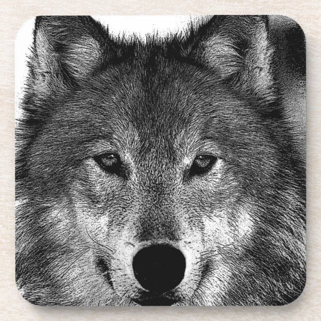 Black & White Wolf Artwork Beverage Coaster (Front)