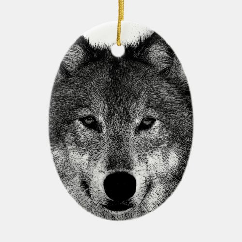 Black  White Wolf Artwork Ceramic Ornament