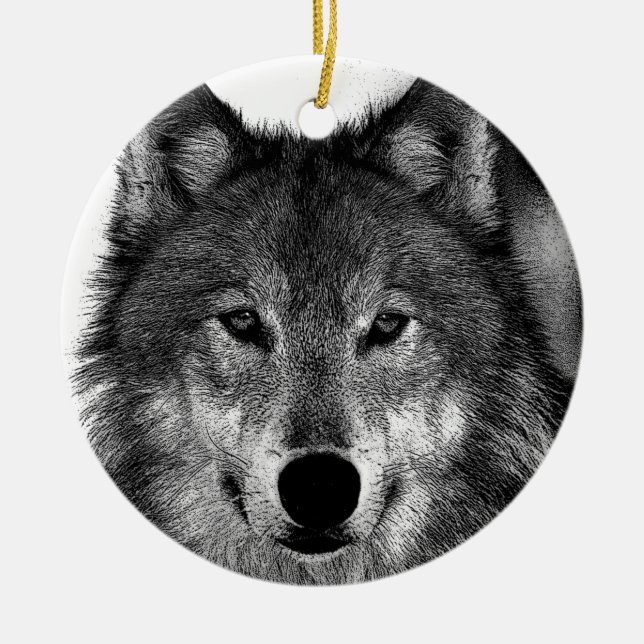 Black & White Wolf Artwork Ceramic Ornament (Front)