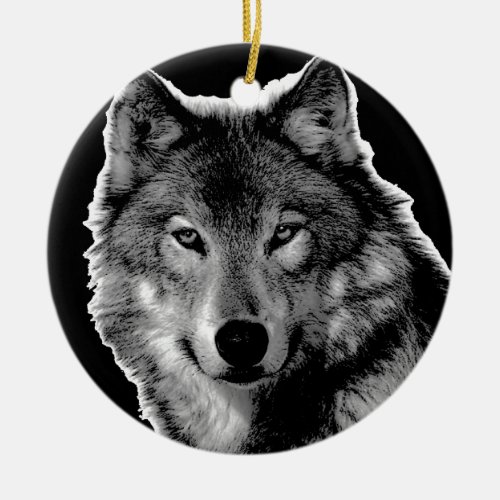 Black  White Wolf Artwork Ceramic Ornament