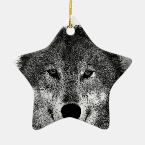 Black  White Wolf Artwork Ceramic Ornament