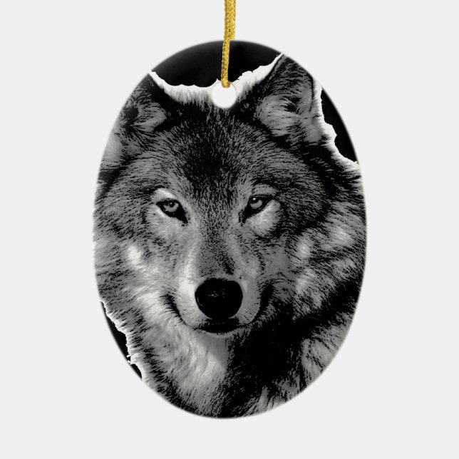 Black & White Wolf Artwork Ceramic Ornament (Front)