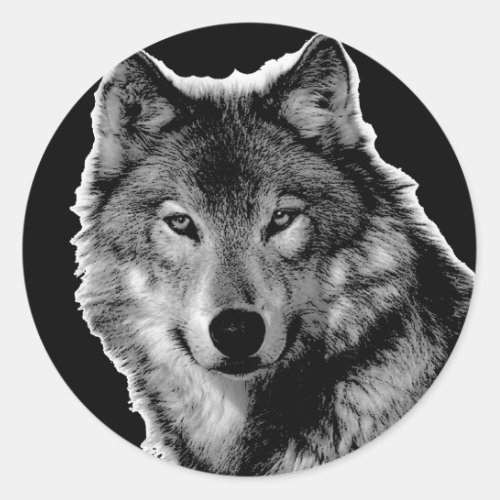 Black  White Wolf Artwork Classic Round Sticker