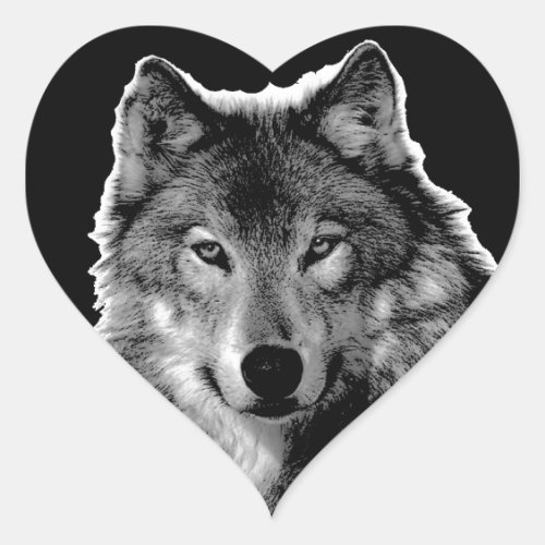 Black  White Wolf Artwork Heart Sticker