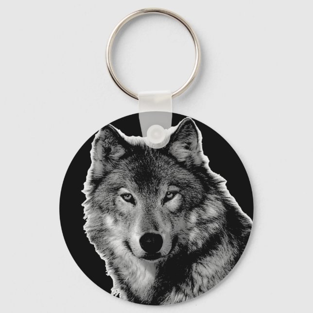 Black & White Wolf Artwork Keychain (Front)