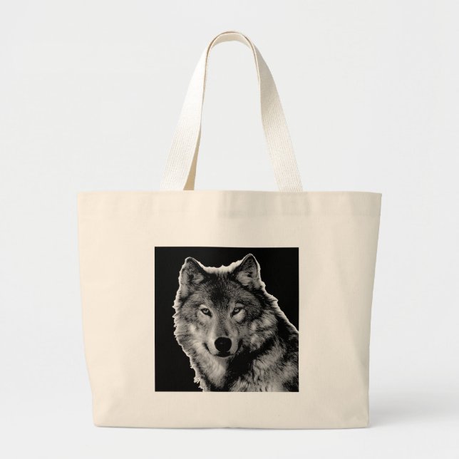 Black & White Wolf Artwork Large Tote Bag (Front)