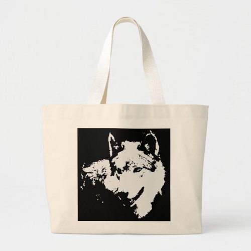 Black  White Wolf Artwork Large Tote Bag