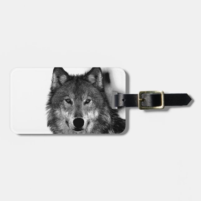 Black & White Wolf Artwork Luggage Tag (Front Horizontal)