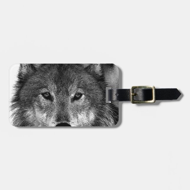 Black & White Wolf Artwork Luggage Tag (Front Horizontal)