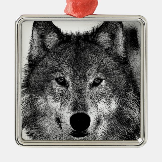 Black & White Wolf Artwork Metal Ornament (Front)