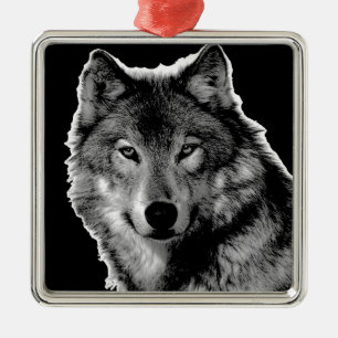 Black & White Wolf Artwork Metal Ornament