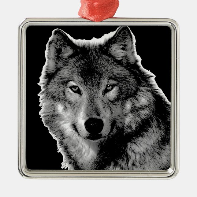 Black & White Wolf Artwork Metal Ornament (Front)