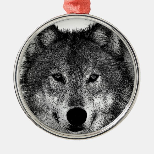 Black & White Wolf Artwork Metal Ornament (Front)