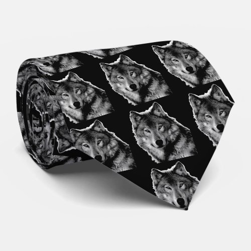 Black  White Wolf Artwork Neck Tie
