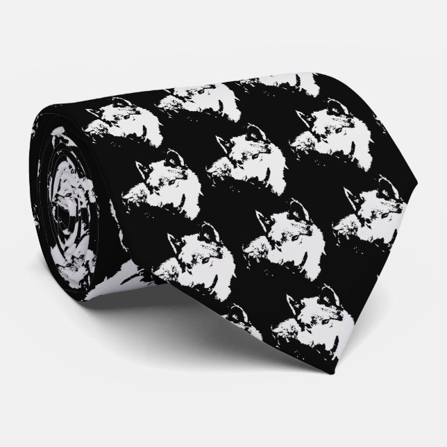 Black & White Wolf Artwork Neck Tie (Rolled)