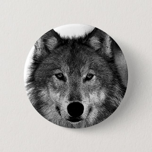 Black & White Wolf Artwork Pinback Button (Front)