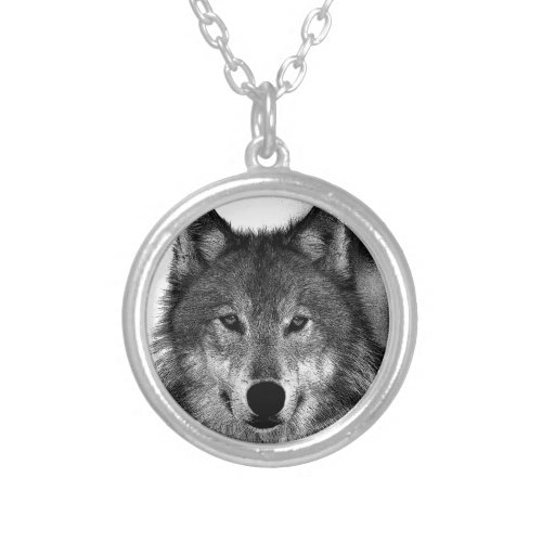 Black  White Wolf Artwork Silver Plated Necklace