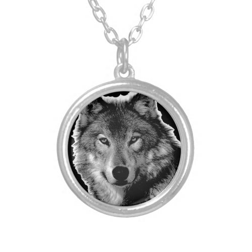 Black  White Wolf Artwork Silver Plated Necklace