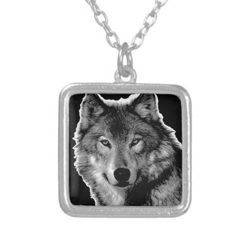 Black  White Wolf Artwork Silver Plated Necklace