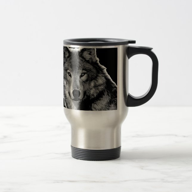 Black & White Wolf Artwork Travel Mug (Right)