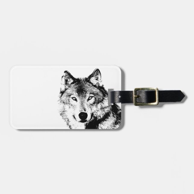 Black & White Wolf Bag Tag (Front Horizontal)