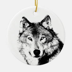 Black & White Wolf Ceramic Ornament