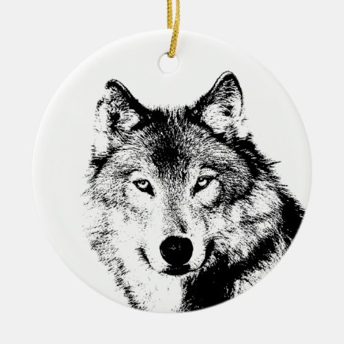 Black  White Wolf Ceramic Ornament