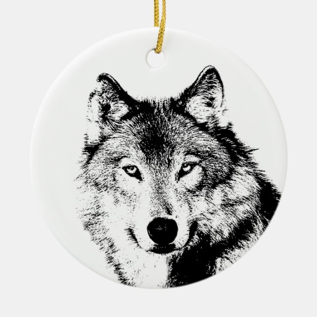 Black & White Wolf Ceramic Ornament (Front)