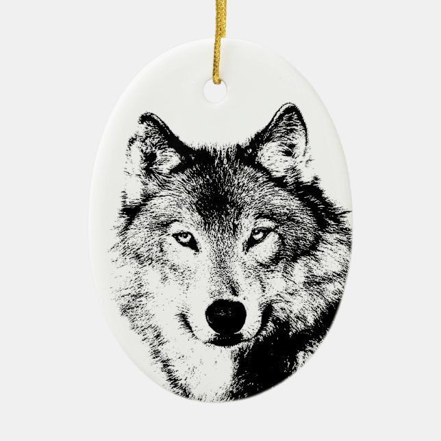 Black & White Wolf Ceramic Ornament (Front)