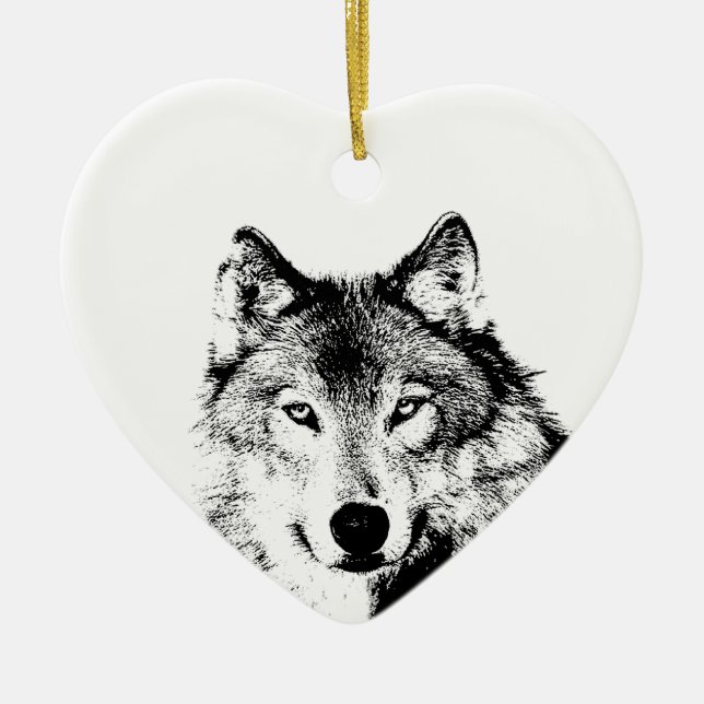Black & White Wolf Ceramic Ornament (Front)