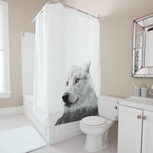 Black White Wolf Double Exposure Forest Rustic Shower Curtain