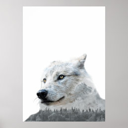 Black White Wolf Double Exposure Modern  Poster