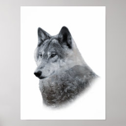 Black White Wolf Double Exposure  Poster