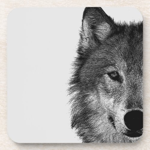 Black  White Wolf Eye Artwork Beverage Coaster