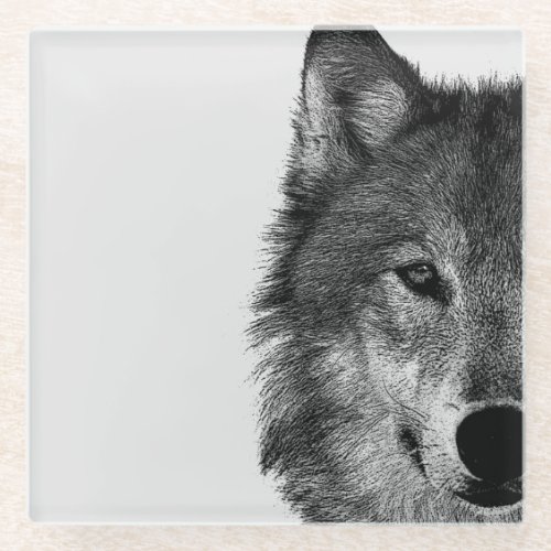 Black  White Wolf Eye Artwork Glass Coaster