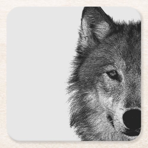 Black  White Wolf Eye Artwork Square Paper Coaster