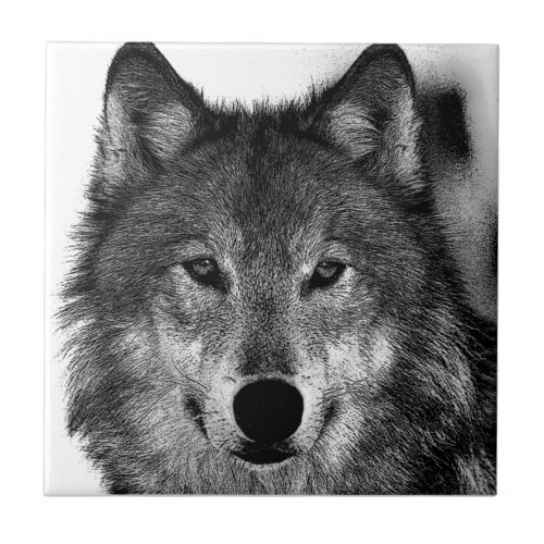 Black  White Wolf Eyes Artwork Ceramic Tile