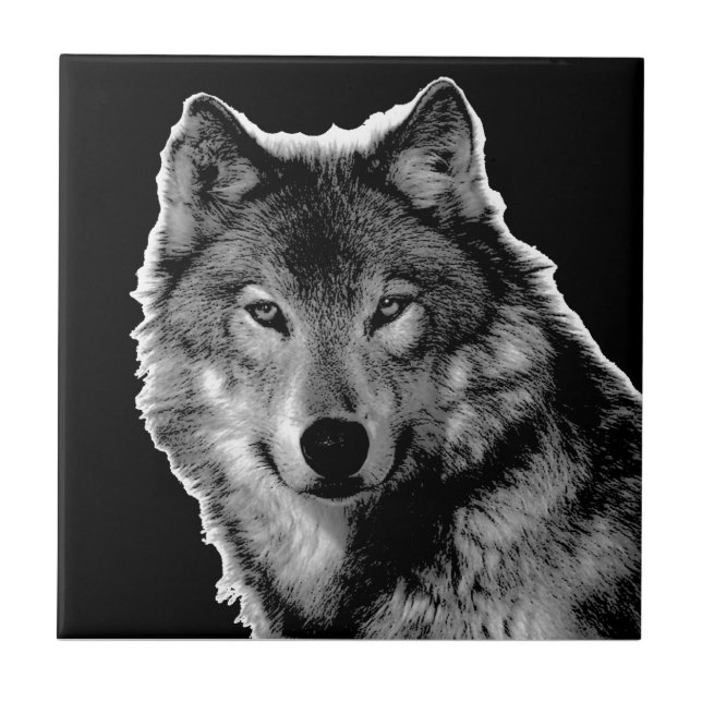 Black & White Wolf Eyes - Wild Animal Photography Ceramic Tile (Front)