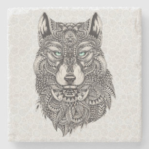Black & White Wolf Head Illustration Stone Coaster