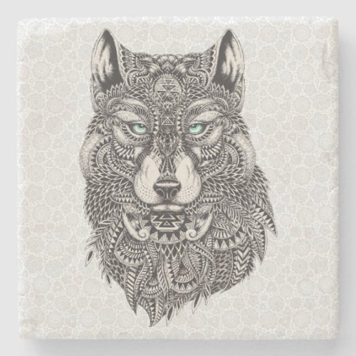 Black  White Wolf Head Illustration Stone Coaster