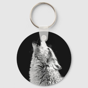 Black & White Wolf Howling at Moon Key Chain