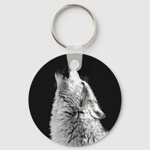 Black  White Wolf Howling at Moon Key Chain